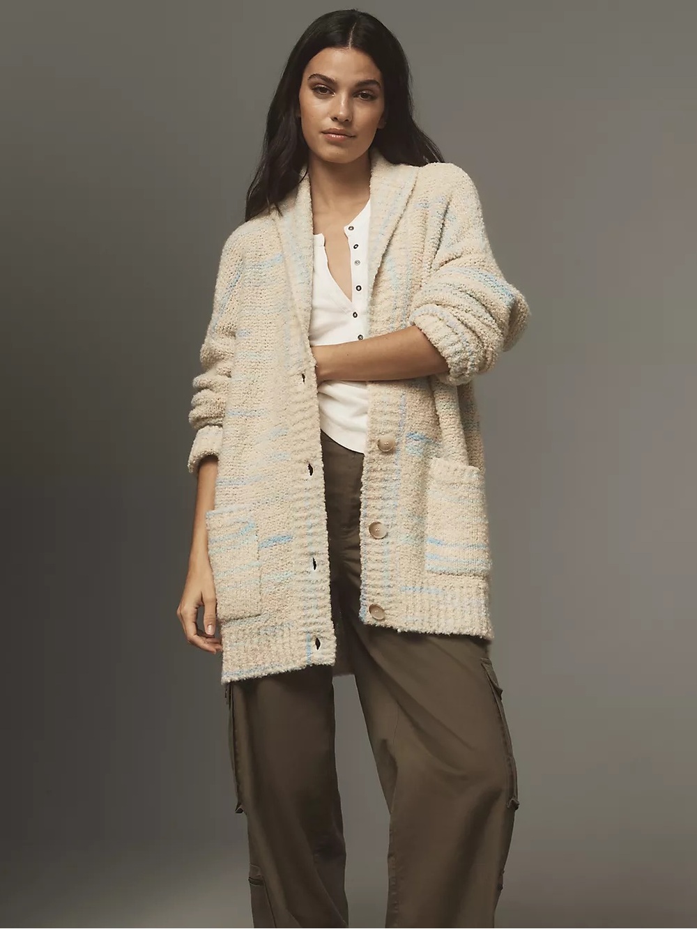 Anthropologie Pilcro Wool Blend Cream and Light Blue Collared Chunky Cardigan